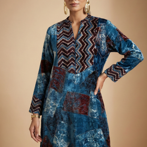 Noor Ajrakh Velvet Kurta Set – Floral