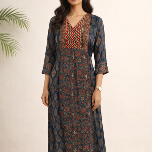 Mahi Modal Silk Ajrakh Handblock Dress