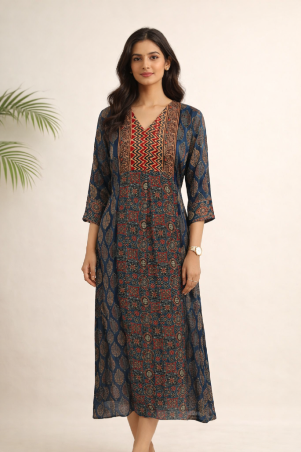 Mahi Modal Silk Ajrakh Handblock Dress