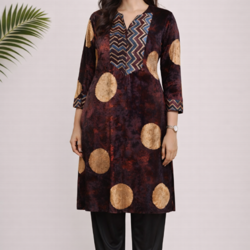 Noor Ajrakh Velvet Kurta Set – Geometric Dots