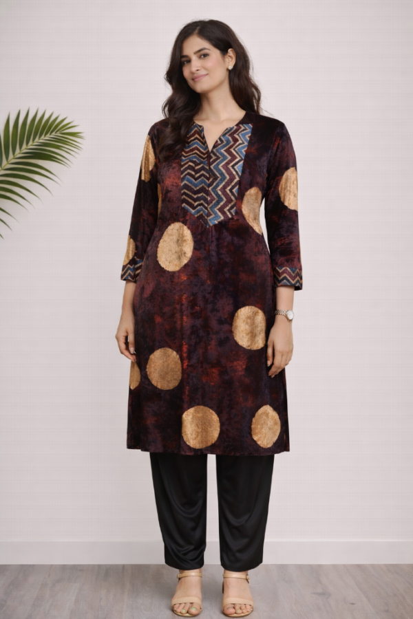 Noor Ajrakh Velvet Kurta Set – Geometric Dots