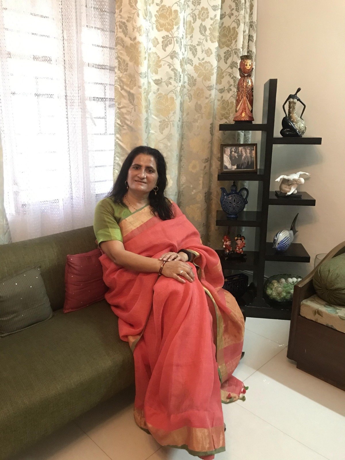 Anju Mehta in a coral pink Teevra saree