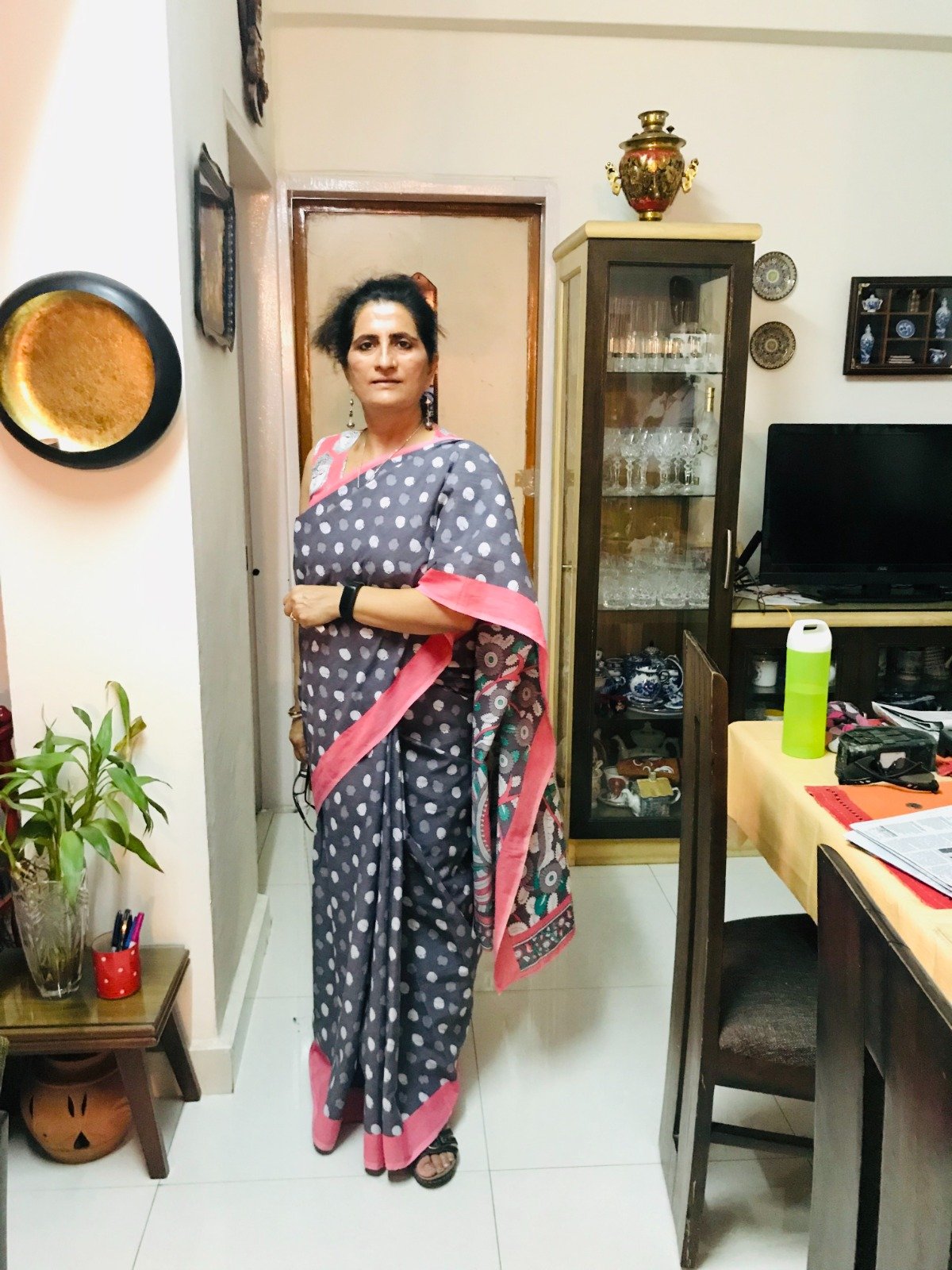 Anju Mehta in a grey polka-dot Teevra saree