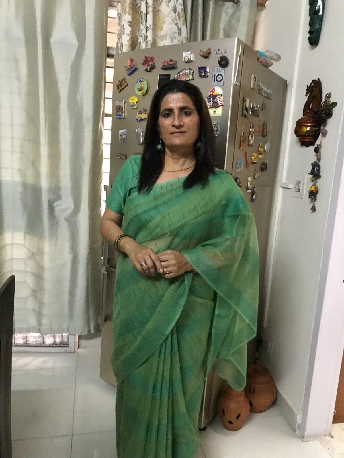 Anju Mehta in a green Teevra saree