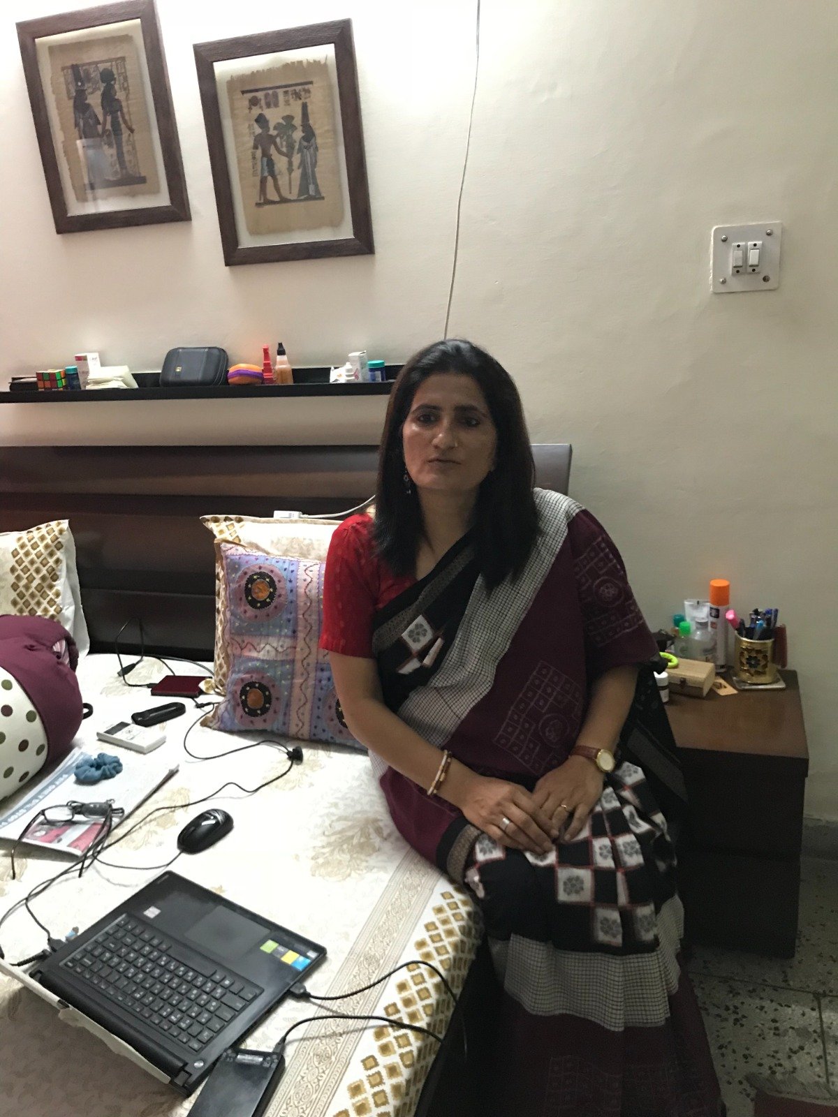 Anju Mehta in a maroon bandhani-check Teevra saree