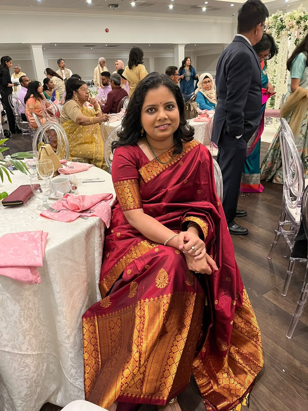 Pushpita Samina in a Teevra saree with a gold border