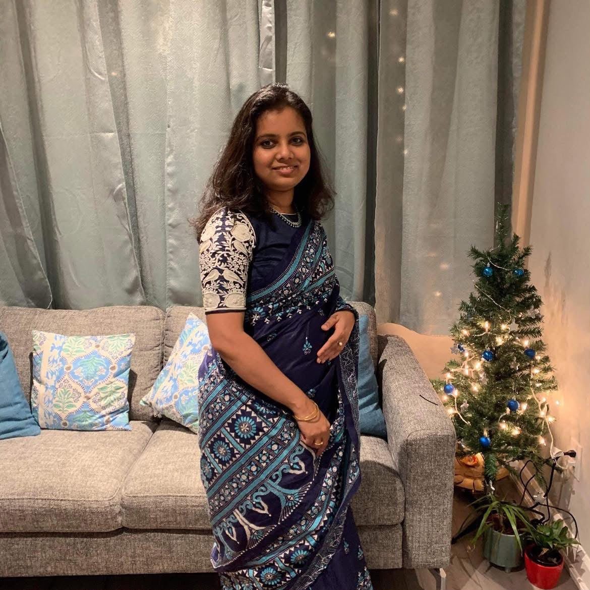 Pushpita Samina in a navy blue block-print Teevra saree