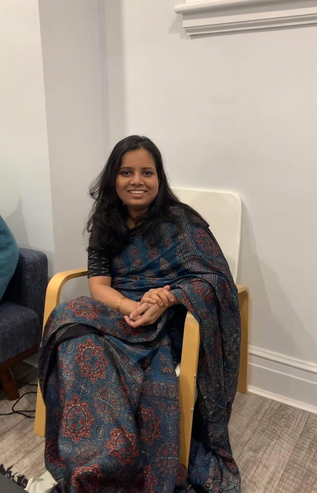 Pushpita Samina in a teal Ajrakh-print Teevra saree